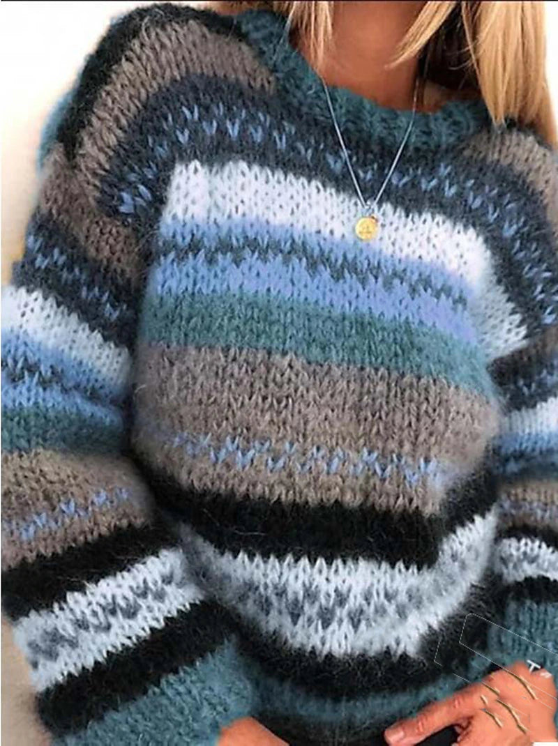 Women's Pullover Sweater Jumper Crew Neck Ribbed Knit Acrylic Knitted Fall Winter Outdoor Daily Holiday Stylish Casual Soft Long Sleeve Striped Pure Color Blue Purple Orange S M L