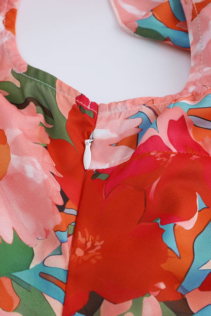 Flamboyant Crimson Flower Patterned V Neck Frill Mini Dress