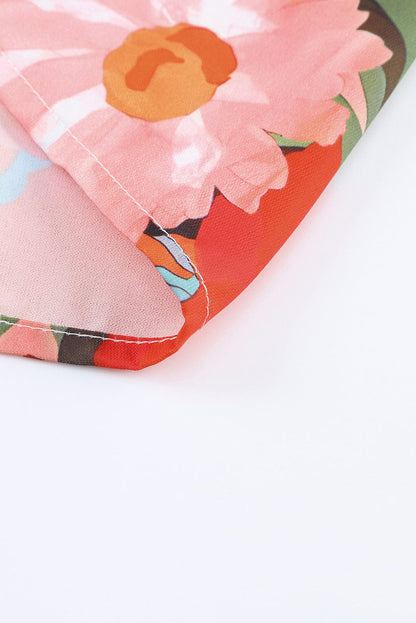 Flamboyant Crimson Flower Patterned V Neck Frill Mini Dress