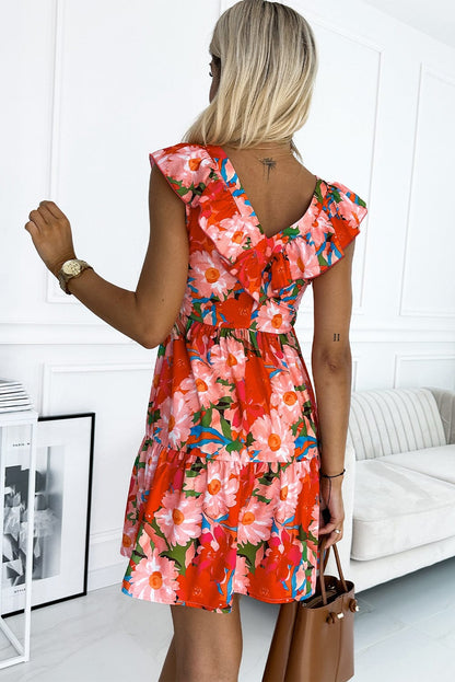 Flamboyant Crimson Flower Patterned V Neck Frill Mini Dress