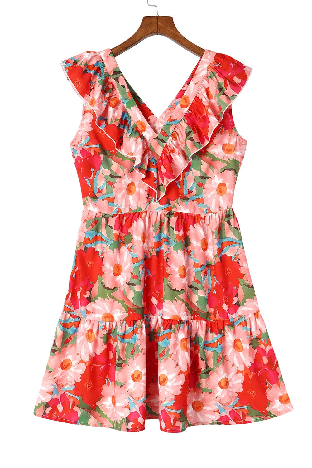 Flamboyant Crimson Flower Patterned V Neck Frill Mini Dress