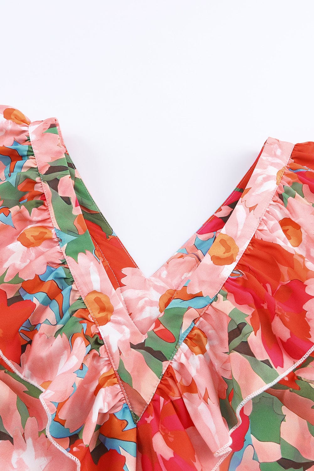 Flamboyant Crimson Flower Patterned V Neck Frill Mini Dress