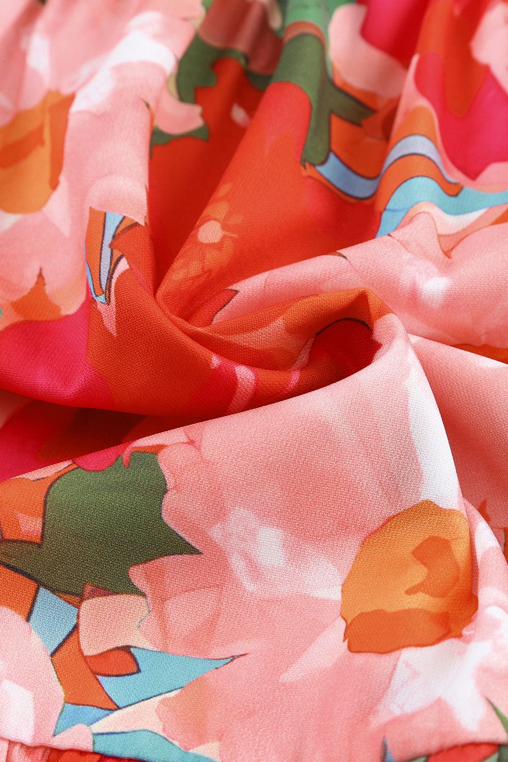 Flamboyant Crimson Flower Patterned V Neck Frill Mini Dress