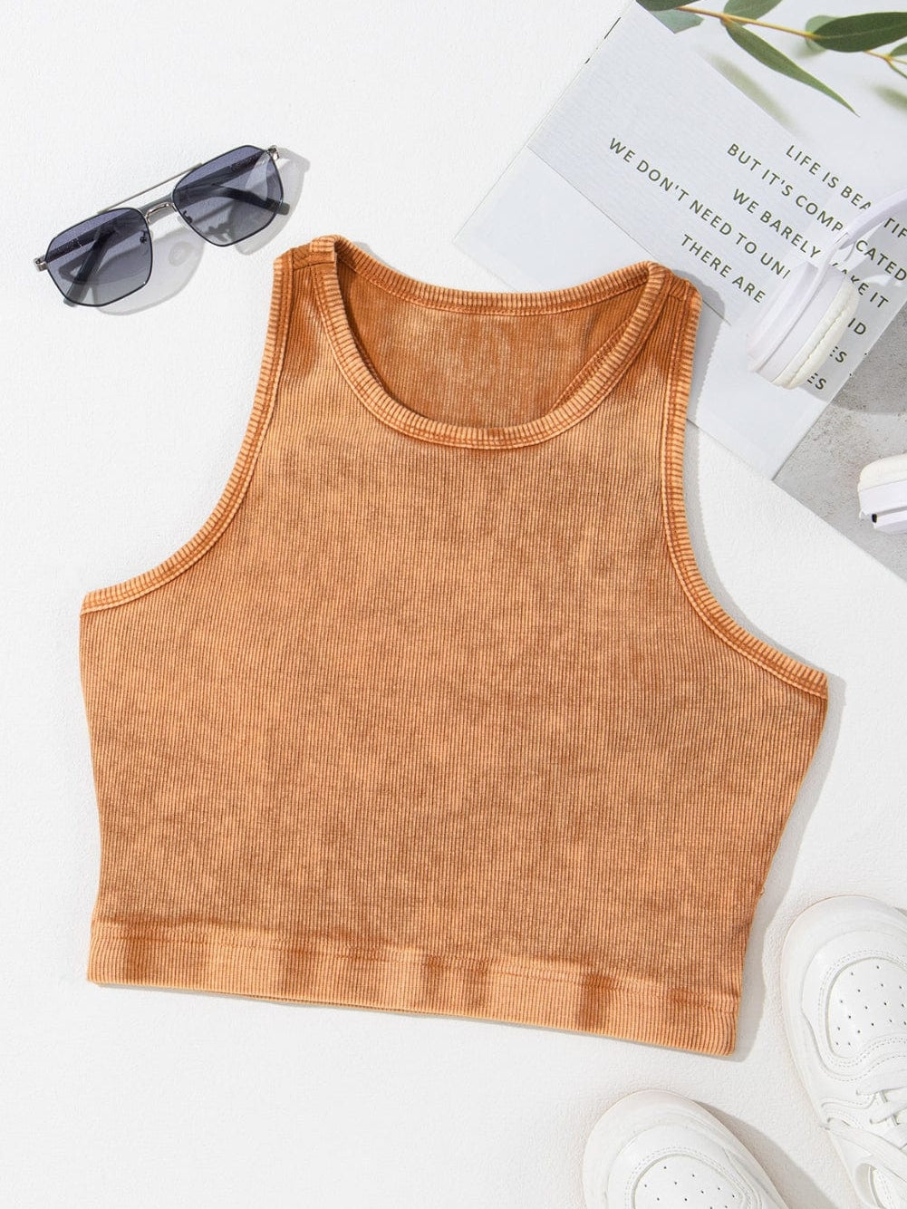Flame Gold Ribbed Mineral Wash Sleeveless Racerback Top