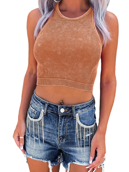 Flame Gold Ribbed Mineral Wash Sleeveless Racerback Top