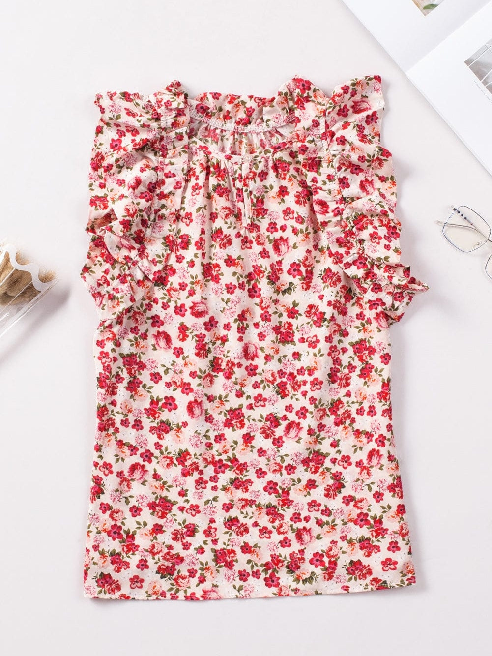 Flame Red Blossom Print Ruffle High Neck Tank Top