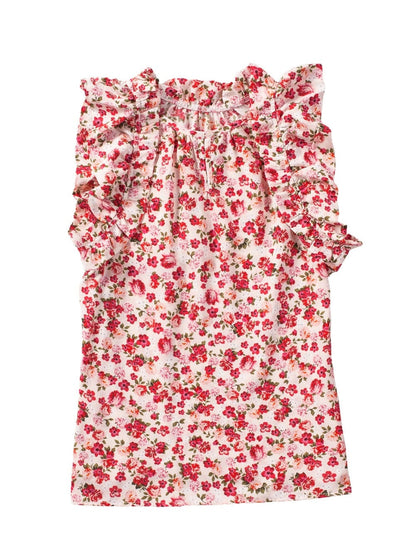 Flame Red Blossom Print Ruffle High Neck Tank Top