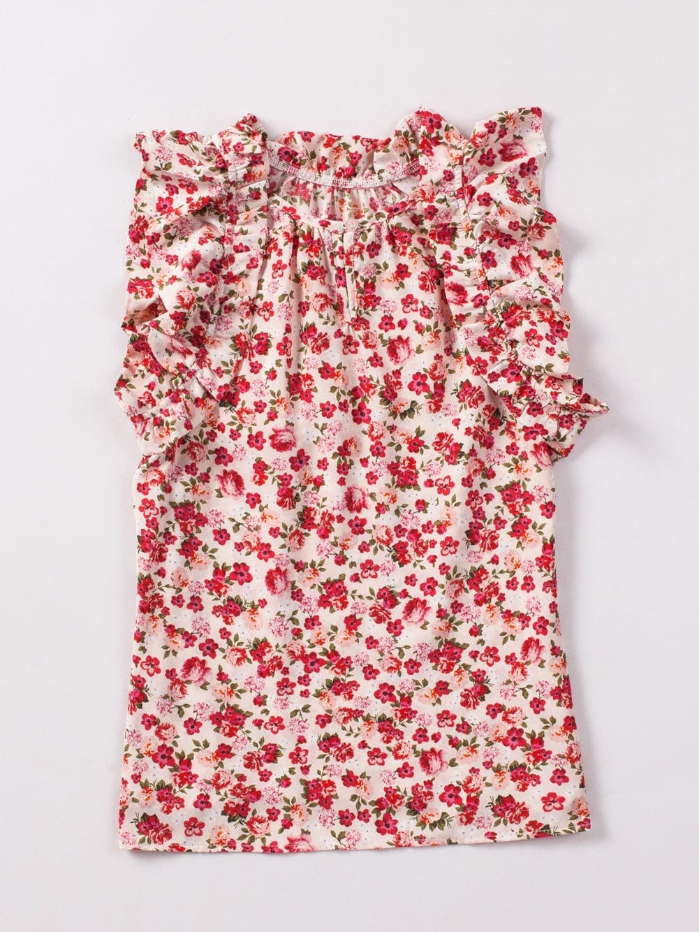 Flame Red Blossom Print Ruffle High Neck Tank Top