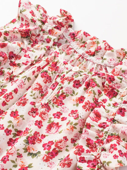 Flame Red Blossom Print Ruffle High Neck Tank Top