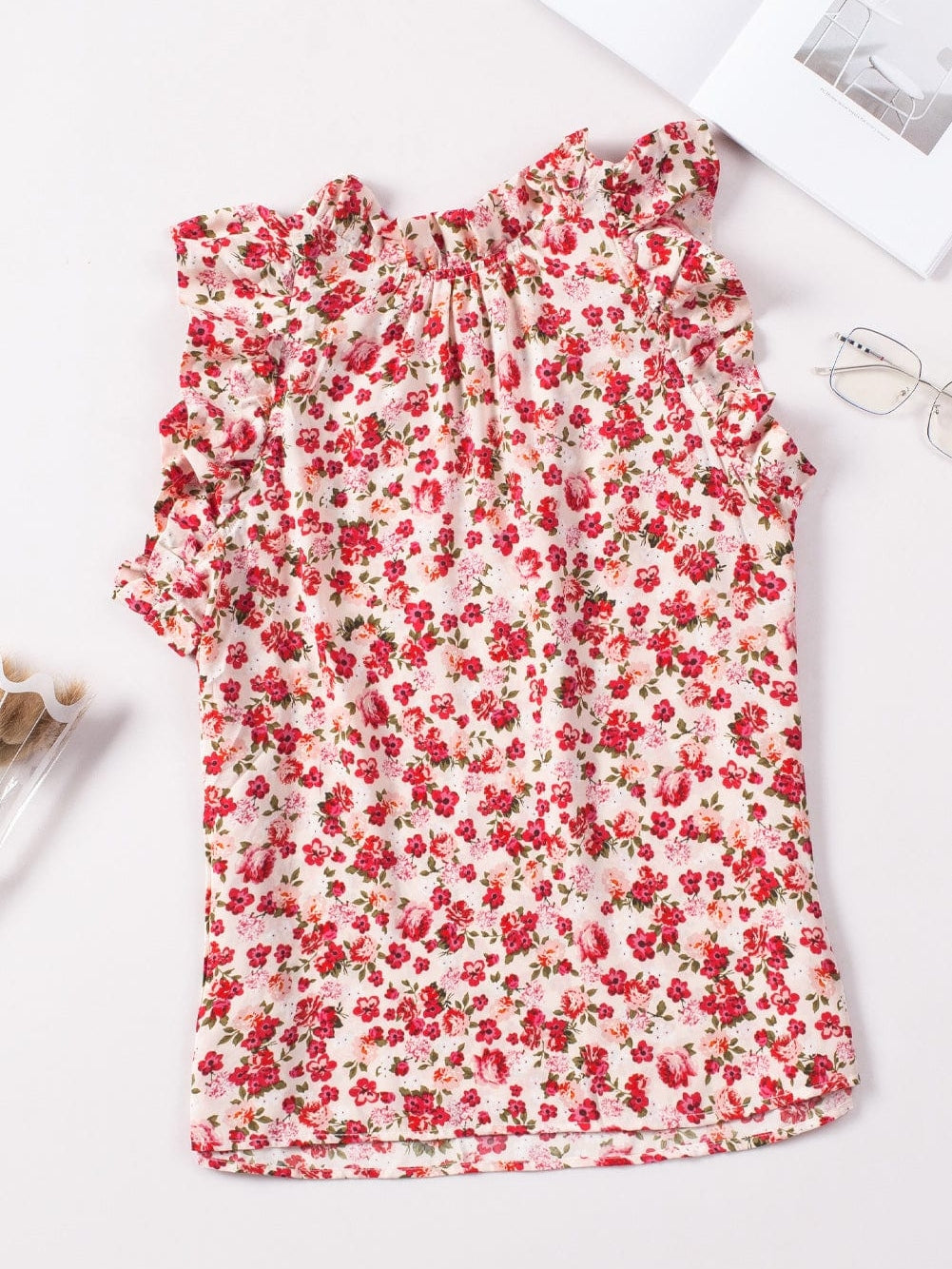 Flame Red Blossom Print Ruffle High Neck Tank Top