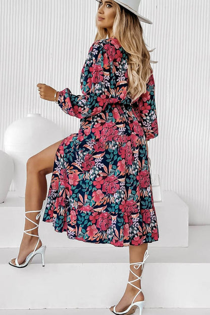 Flame Red V Neck Elastic High Waist Split Floral Dress