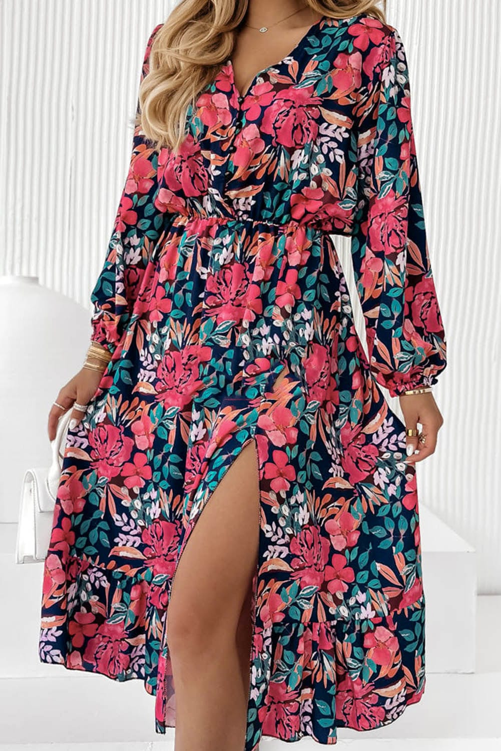 Flame Red V Neck Elastic High Waist Split Floral Dress