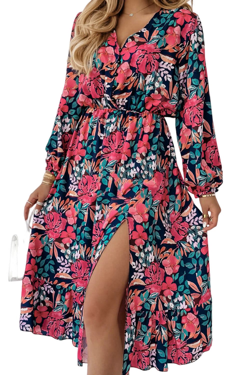 Flame Red V Neck Elastic High Waist Split Floral Dress