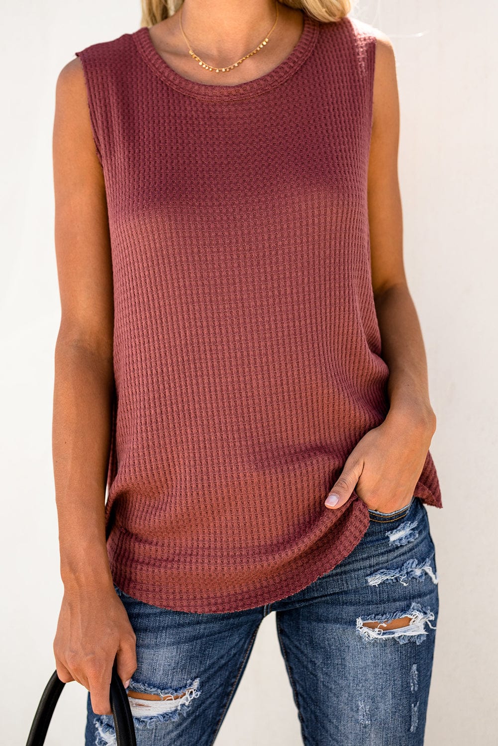 Flame Red Waffle Knit Sleeveless Tank Top