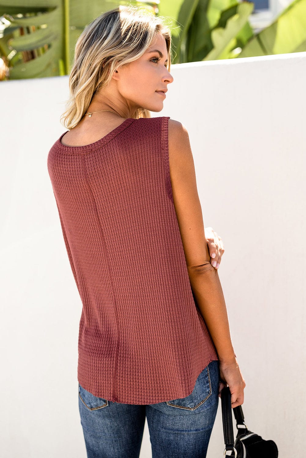 Flame Red Waffle Knit Sleeveless Tank Top