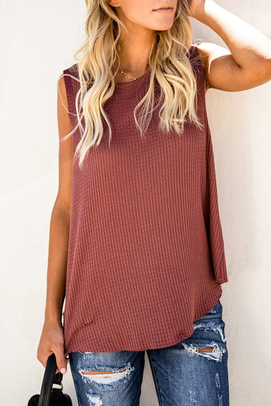 Flame Red Waffle Knit Sleeveless Tank Top