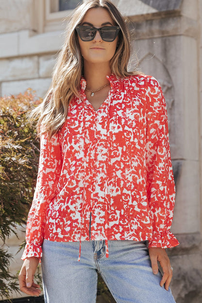 Flaming Crimson Blossom Ruffle Trimmed V-Neck Top