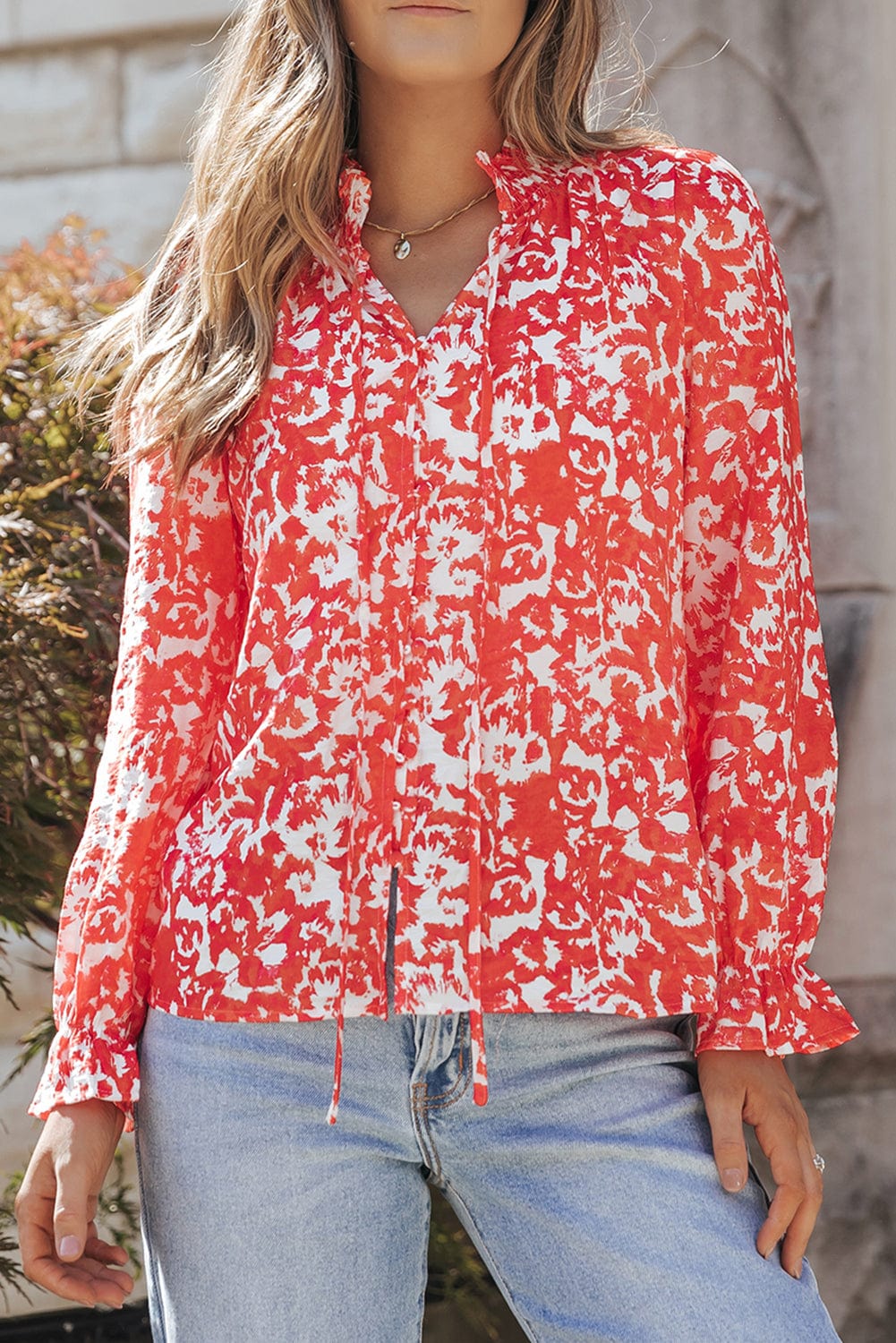 Flaming Crimson Blossom Ruffle Trimmed V-Neck Top