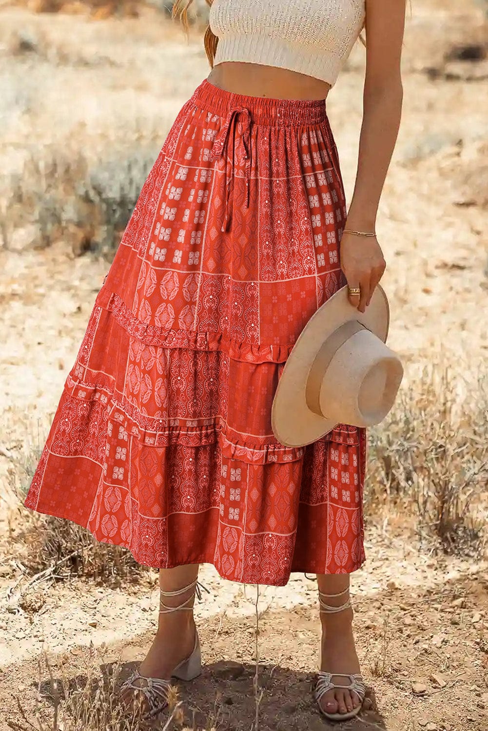 Flaming Red Floral Boho Flare Maxi Skirt
