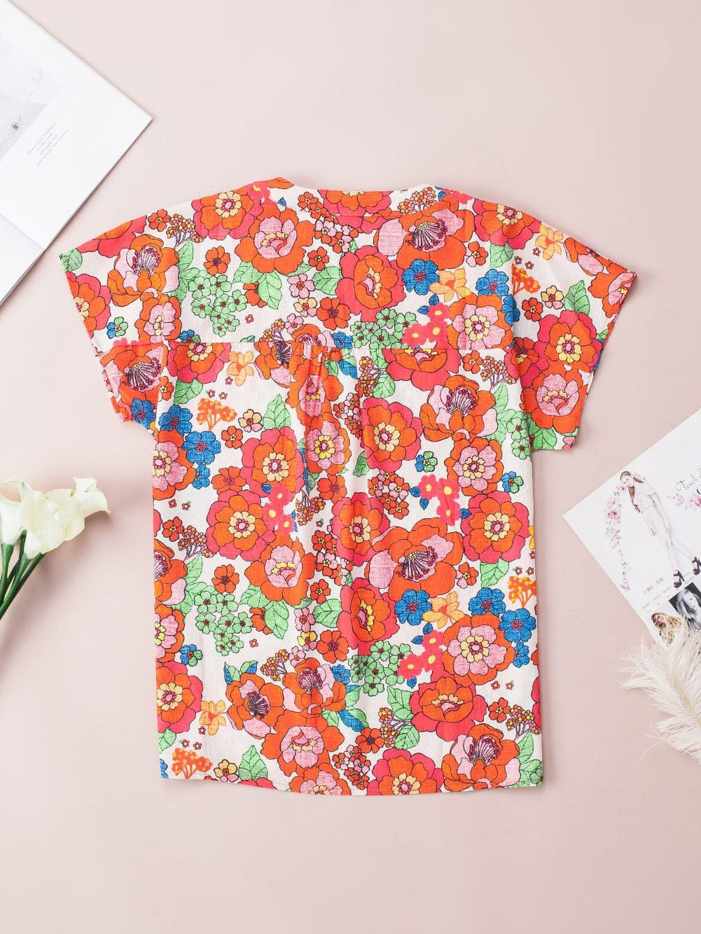 Flaming Scarlet Blossom V-Neck Blouse