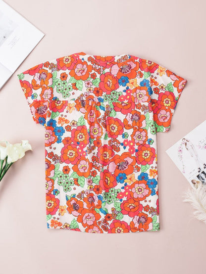 Flaming Scarlet Blossom V-Neck Blouse