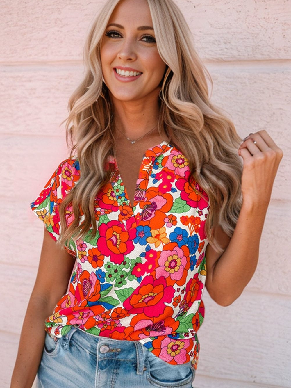 Flaming Scarlet Blossom V-Neck Blouse