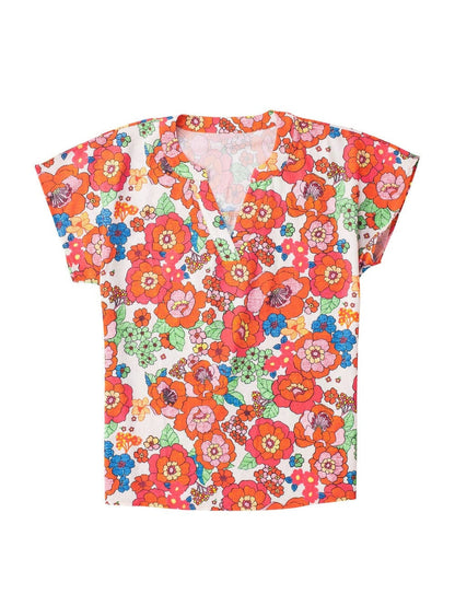 Flaming Scarlet Blossom V-Neck Blouse