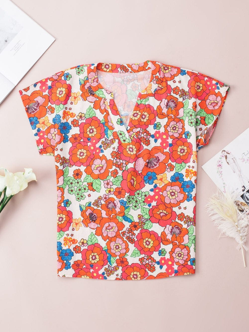 Flaming Scarlet Blossom V-Neck Blouse