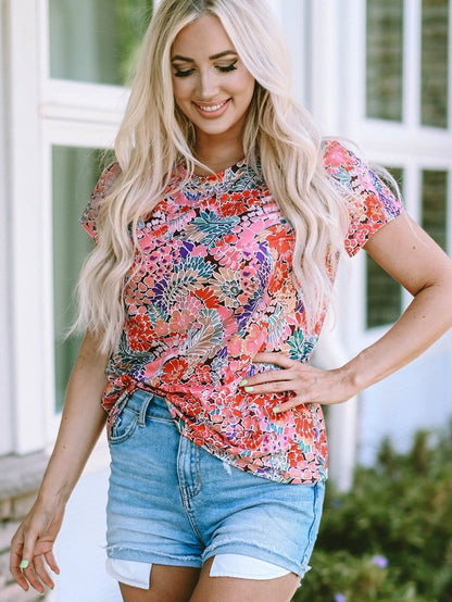 Flaming Scarlet Floral Print Slim Fit Tee