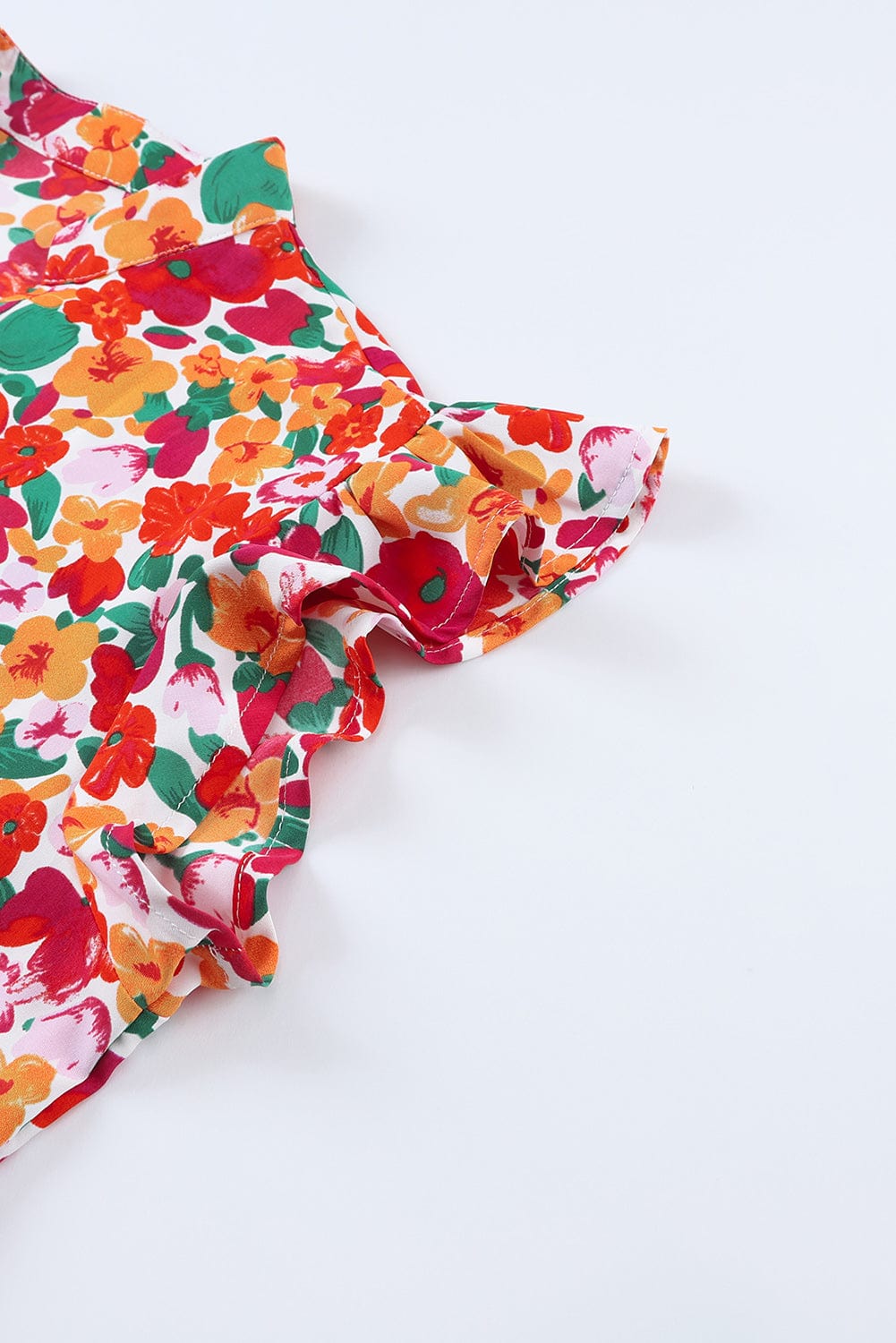 Flaming Scarlet V-Neck Floral Dress with Ruffle Sleeves