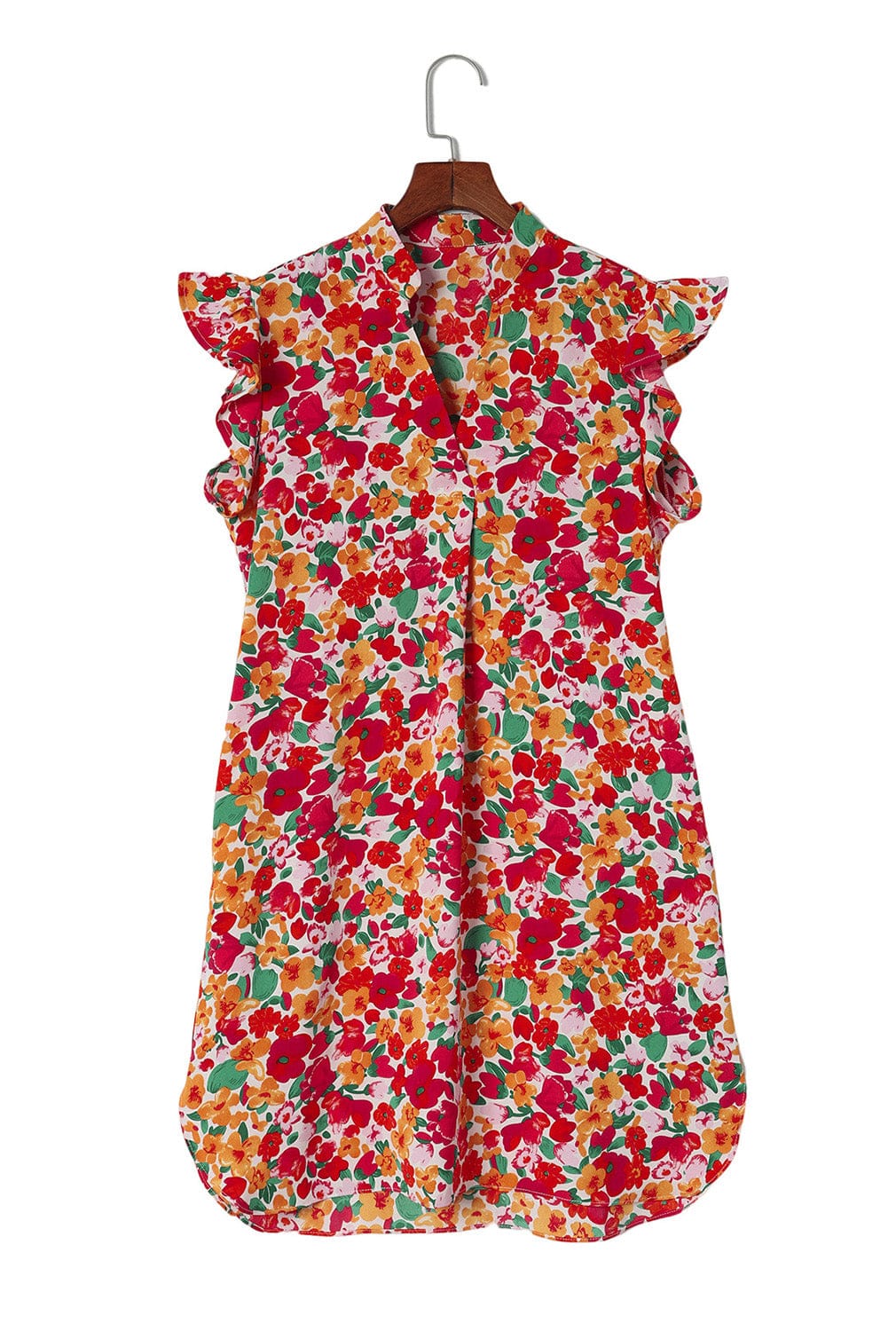 Flaming Scarlet V-Neck Floral Dress with Ruffle Sleeves