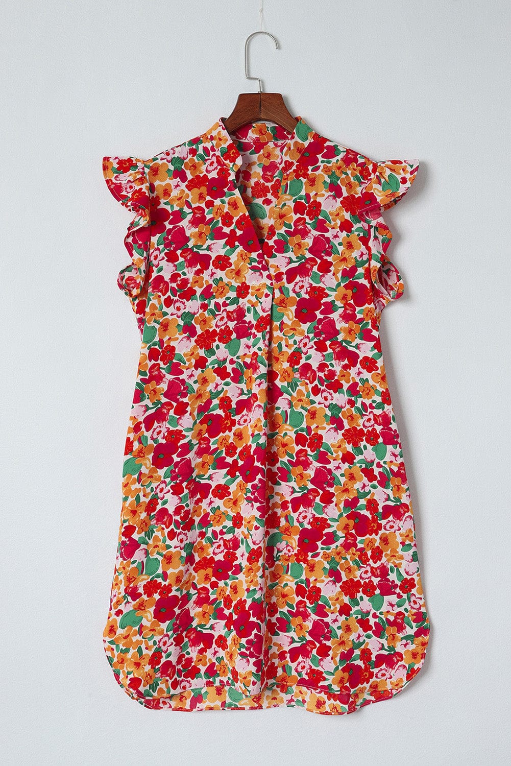 Flaming Scarlet V-Neck Floral Dress with Ruffle Sleeves