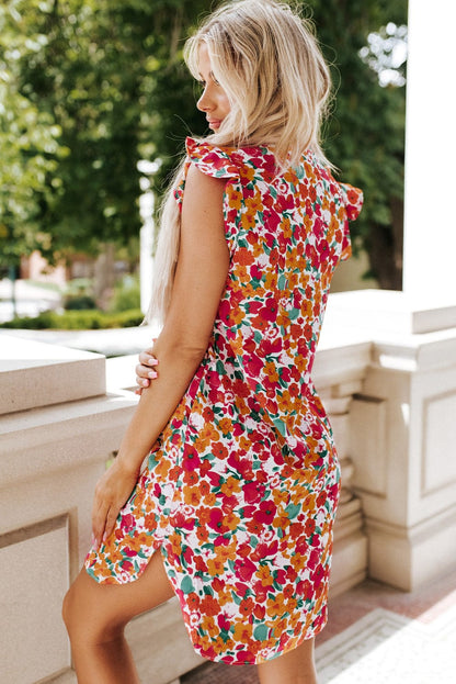 Flaming Scarlet V-Neck Floral Dress with Ruffle Sleeves