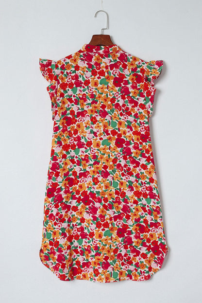Flaming Scarlet V-Neck Floral Dress with Ruffle Sleeves