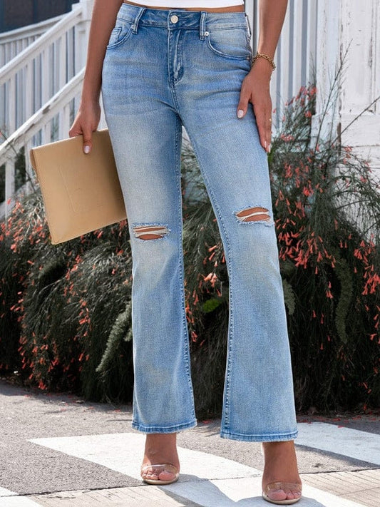 Flared High Waist Ripped Denim Jeans for Women