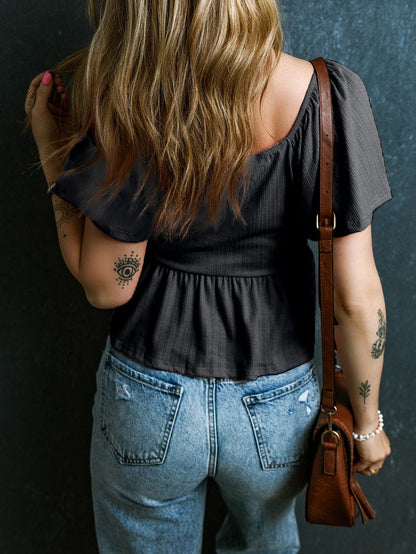 Flirty Black Textured Peplum Blouse with V Neck and Flutter Sleeves