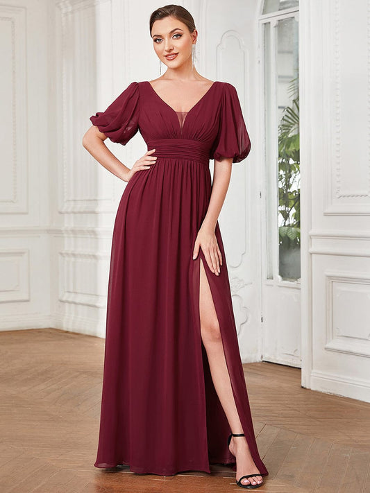 Flirty Deep V Neck A Line Half Puff Sleeves Bridesmaid Gowns