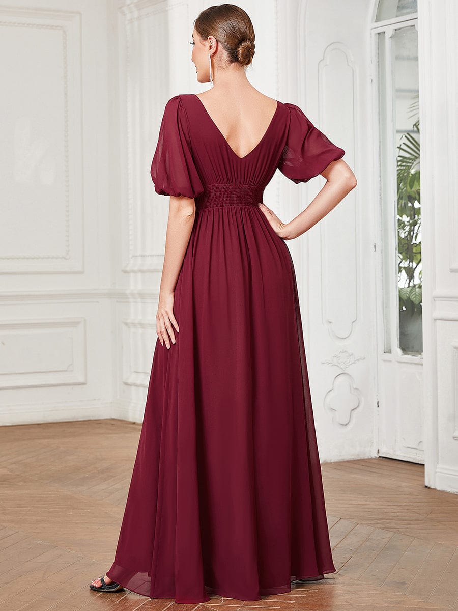 Flirty Deep V Neck A Line Half Puff Sleeves Bridesmaid Gowns