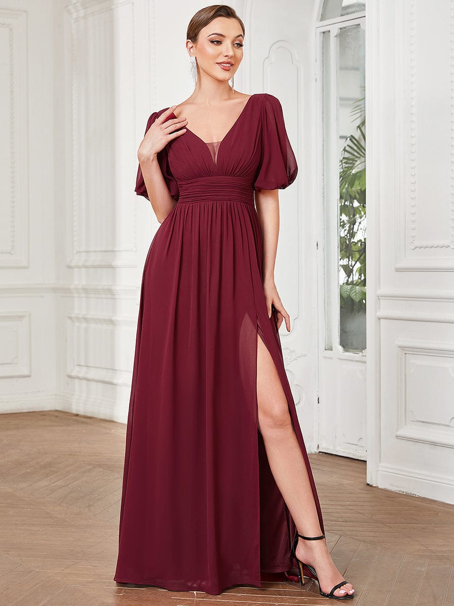 Flirty Deep V Neck A Line Half Puff Sleeves Bridesmaid Gowns