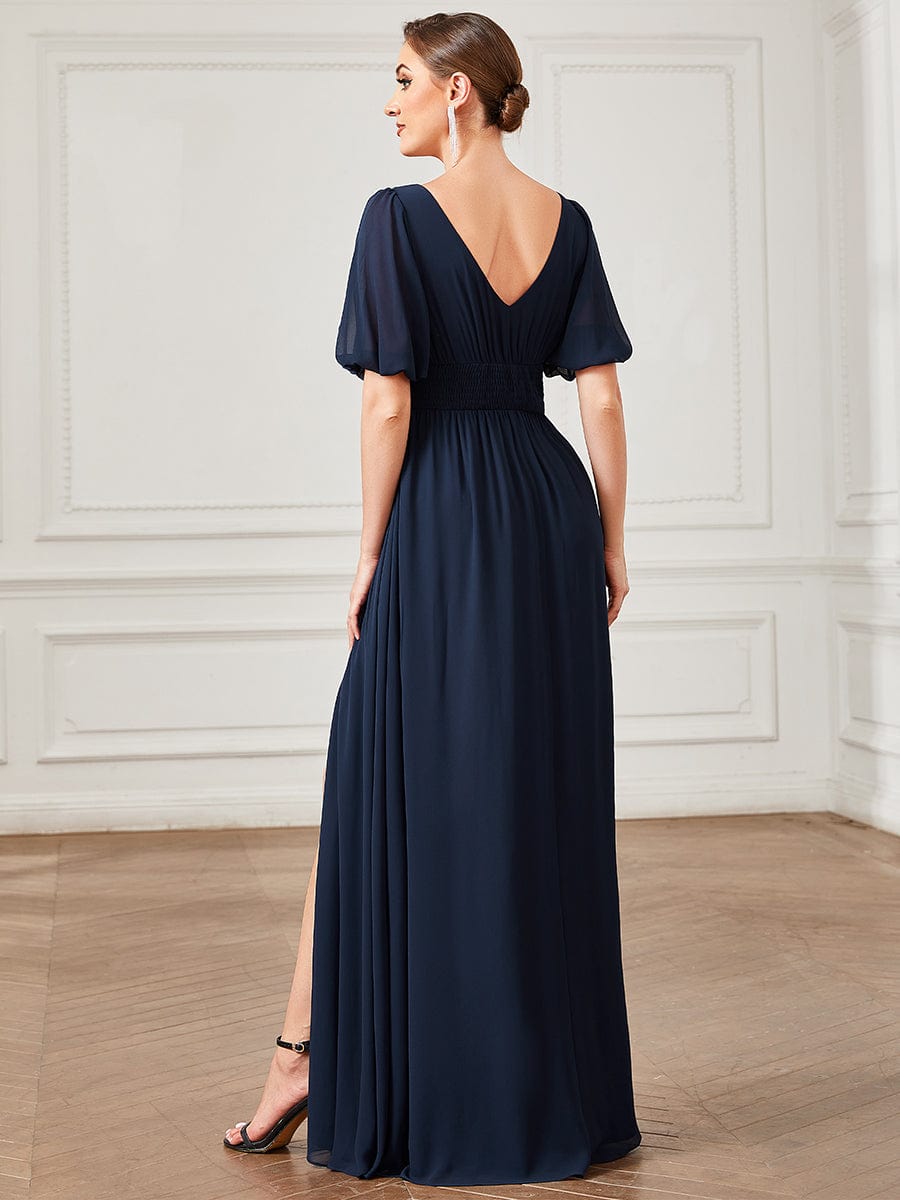 Flirty Deep V Neck A Line Half Puff Sleeves Bridesmaid Gowns