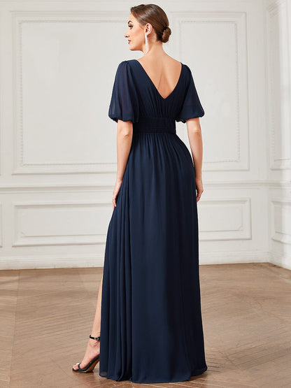 Flirty Deep V Neck A Line Half Puff Sleeves Bridesmaid Gowns