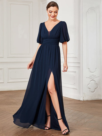 Flirty Deep V Neck A Line Half Puff Sleeves Bridesmaid Gowns