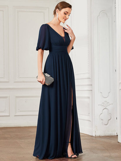 Flirty Deep V Neck A Line Half Puff Sleeves Bridesmaid Gowns