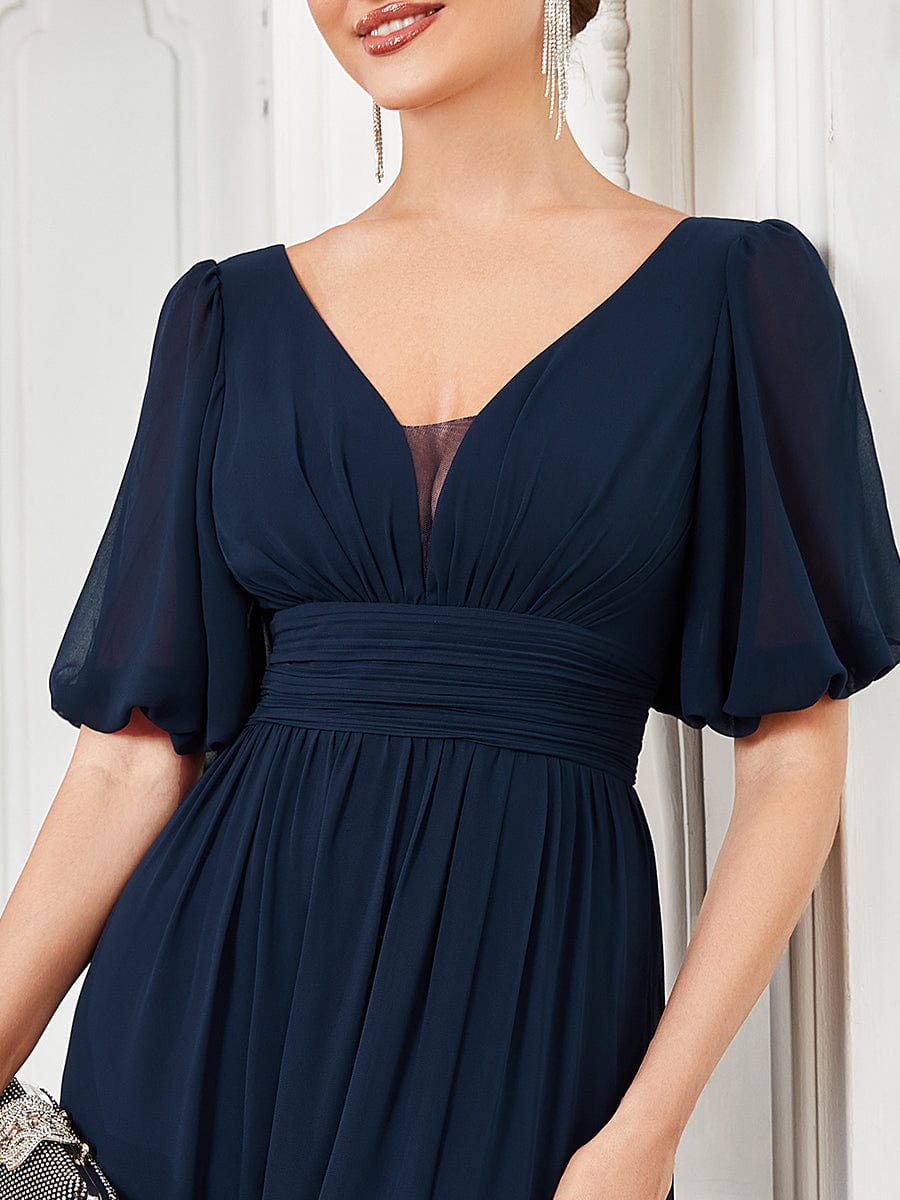 Flirty Deep V Neck A Line Half Puff Sleeves Bridesmaid Gowns