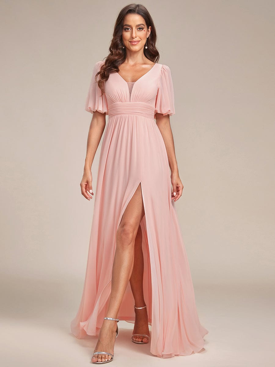 Flirty Deep V Neck A Line Half Puff Sleeves Bridesmaid Gowns