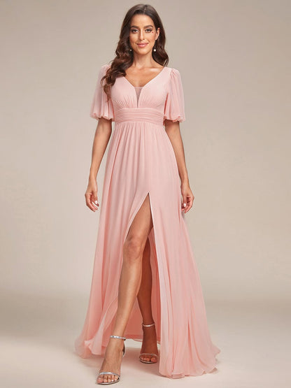 Flirty Deep V Neck A Line Half Puff Sleeves Bridesmaid Gowns
