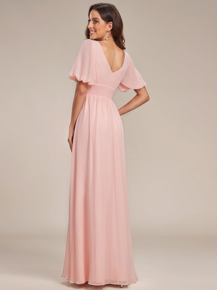 Flirty Deep V Neck A Line Half Puff Sleeves Bridesmaid Gowns