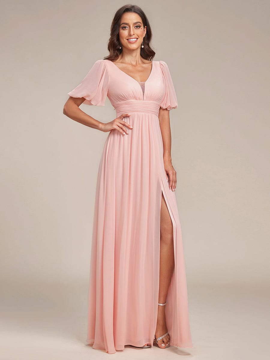 Flirty Deep V Neck A Line Half Puff Sleeves Bridesmaid Gowns