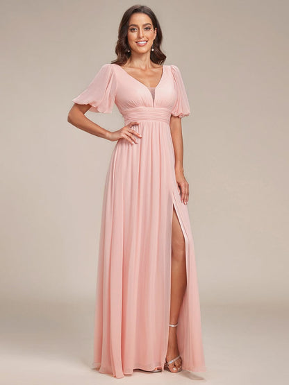 Flirty Deep V Neck A Line Half Puff Sleeves Bridesmaid Gowns