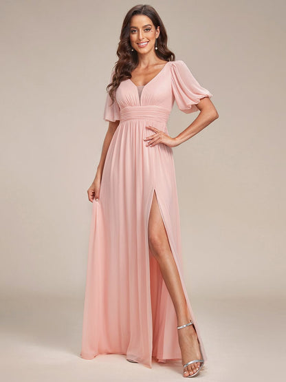 Flirty Deep V Neck A Line Half Puff Sleeves Bridesmaid Gowns